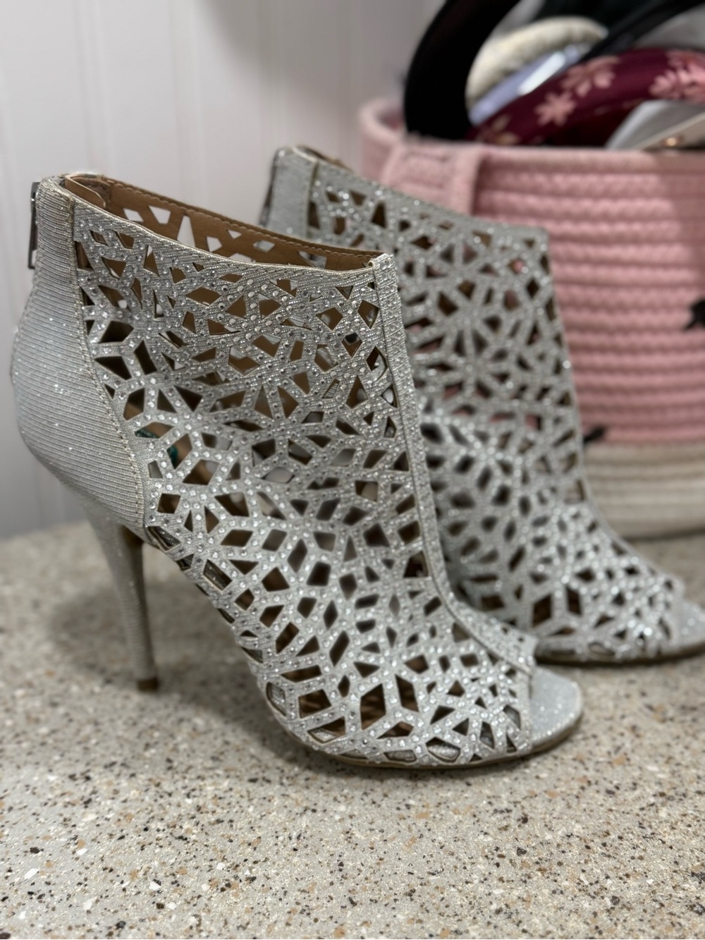 Silver Glitter  Stiletto Booties - Women's